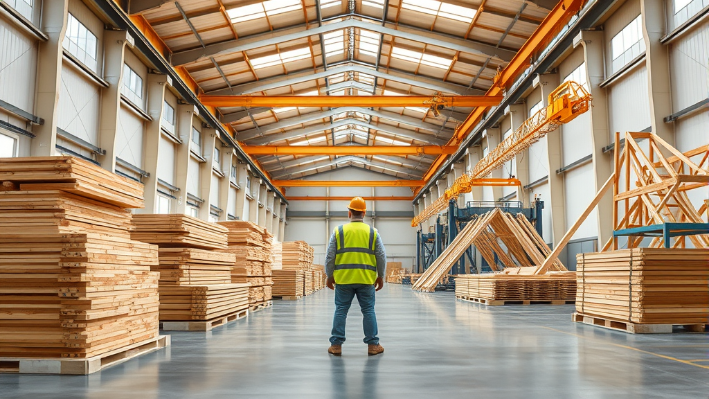 Hydraulic truss press and automated saw line inside a bright roof-truss manufacturing plant